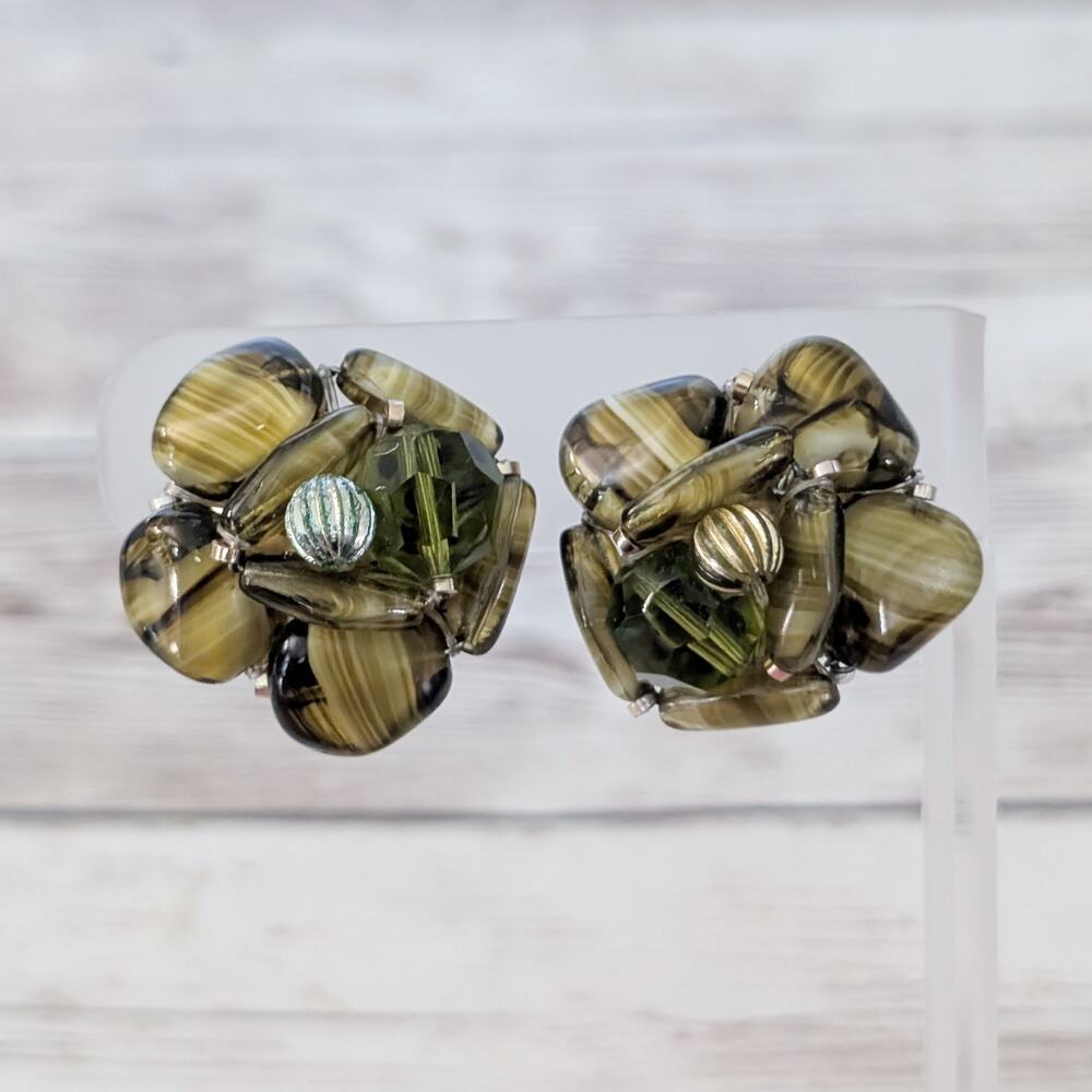 Vintage Clip On Earrings Statement Cluster Olive Greeny Tones Large